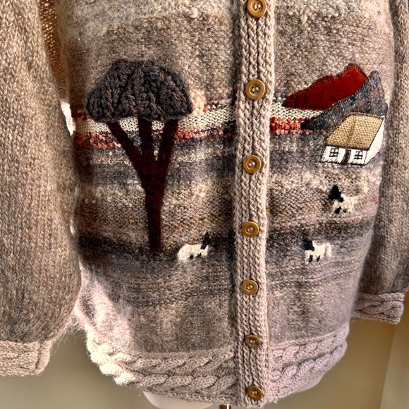 Irish Landscape Cardy Art Sweater w/ Sheep Hand Knit Mohair Tweed - Rosemarie B - Picture 5 of 7